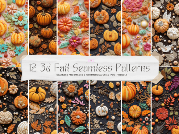 3d Clay Fall Pumpkin Seamless Patterns